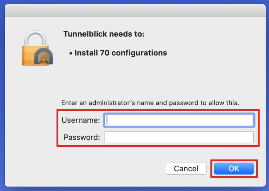 tunnelblick username password